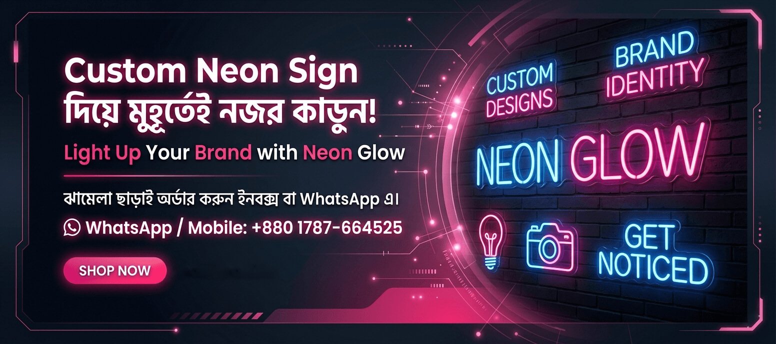 Custom neon sign banner for business branding with neon glow and WhatsApp order contact